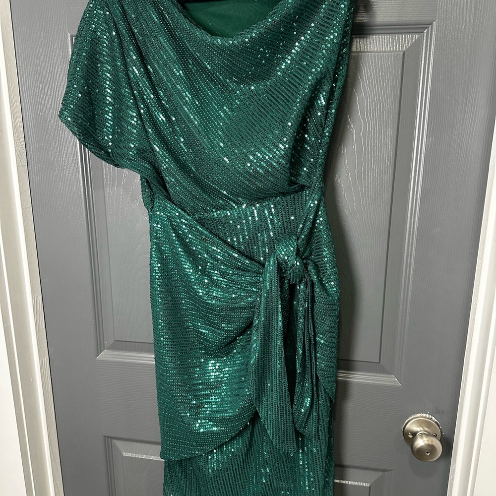 Grace Karin Green One Shoulder Gown with Cowl Neck